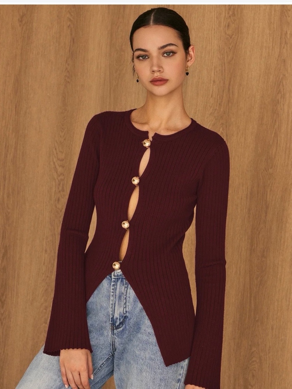 Commense Plum Ribbed Long-Sleeve Top with Gold Buttons